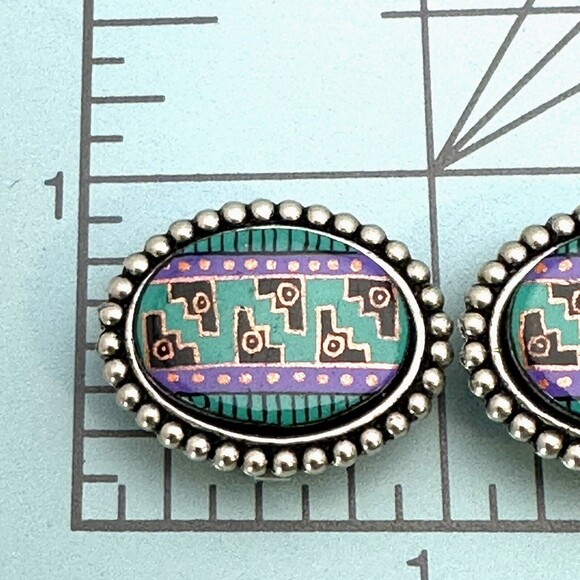 Vintage Southwest Silver Tone Button Covers Enamel Work Lot of 3 Oval Aztec - Picture 4 of 5